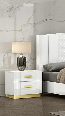 K-LIVING TANNER NIGHTSTAND IN WHITE WITH TITANIUM GOLD METAL ACCENT & WIRELESS CHARGER