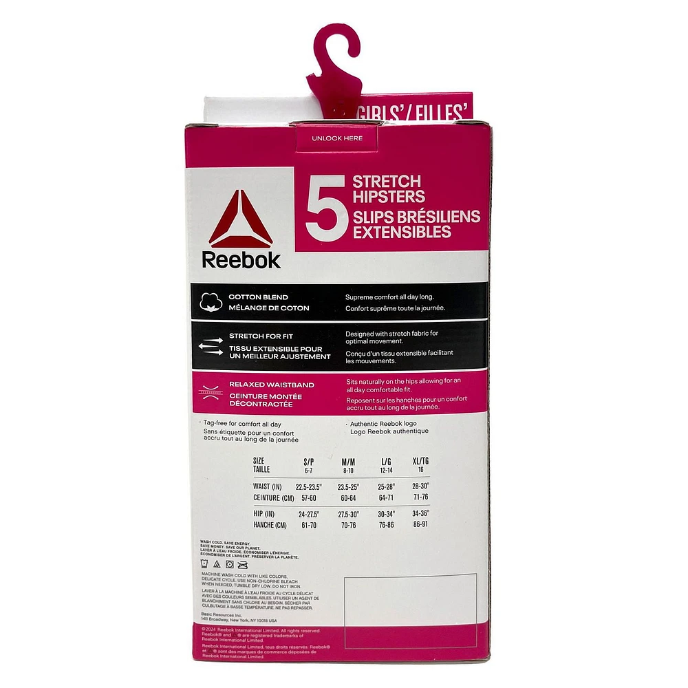 Reebok filles Culotte hipster extensible en coton, Pack de 5 Taille P.-TG.