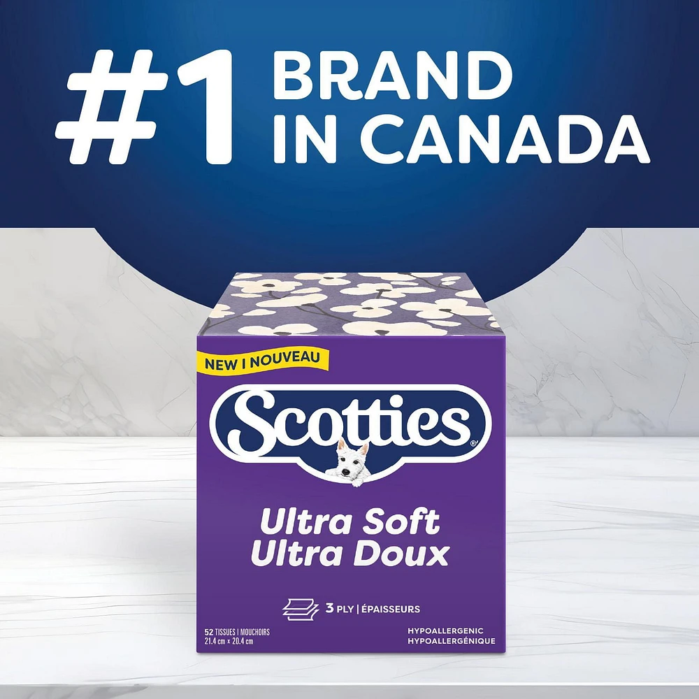 Scotties Ultra Doux - Papier mouchoir 3 épaisseurs, hypoallergénique et testé par des dermatologues, grand format, 1 boîte, 52 mouchoirs