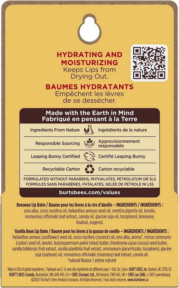 Baumes hydratants pour les lèvres à la cire d’abeille et à la gousse de vanille de Burt’s Bees, 2 tubes