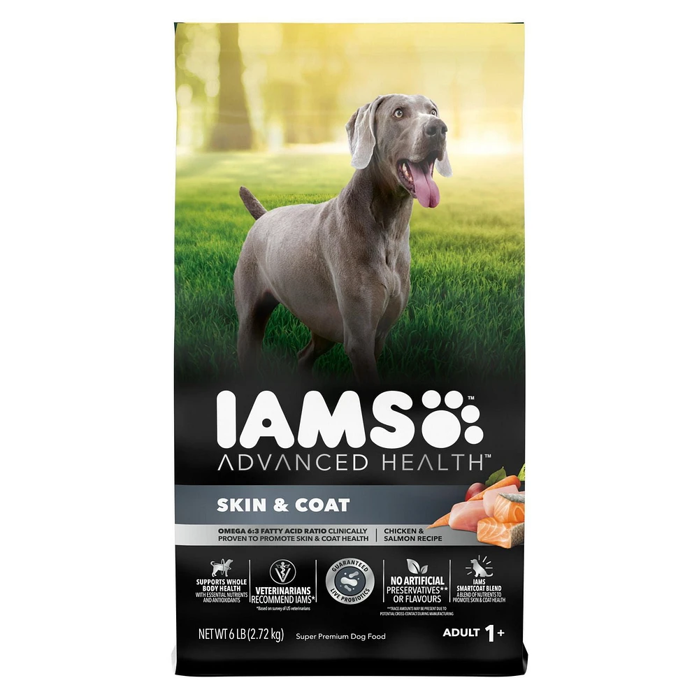 Nourriture sèche pour chiens adultes IAMS ADVANCED HEALTH PEAU ET PELAGE recette avec poulet et saumon 2,72-12,2 kg