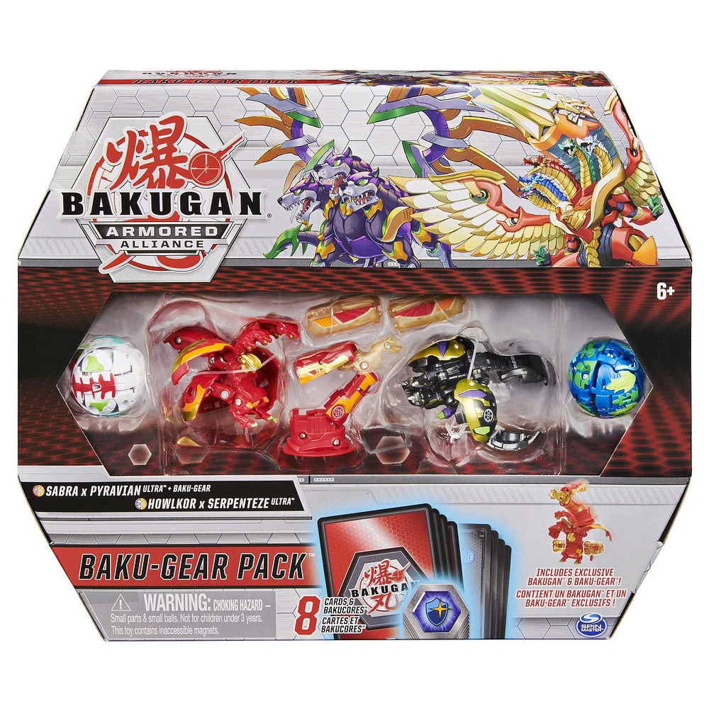 Bakugan Baku-Gear 4-Pack, Fused Sabra x Pyravian Ultra with Baku-Gear and Howlkor x Serpenteze Ultra Collectible Action Figures