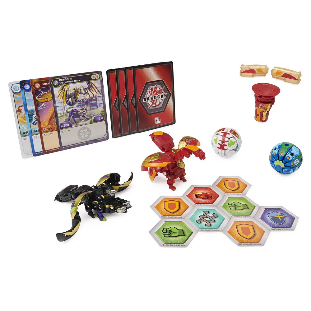 Bakugan Baku-Gear, Coffret de 4 personnages, Fusion Sabra x Pyravian Ultra avec équipement Baku-Gear et Howlkor x Serpenteze Ultra, Figurines articulées à collectionner