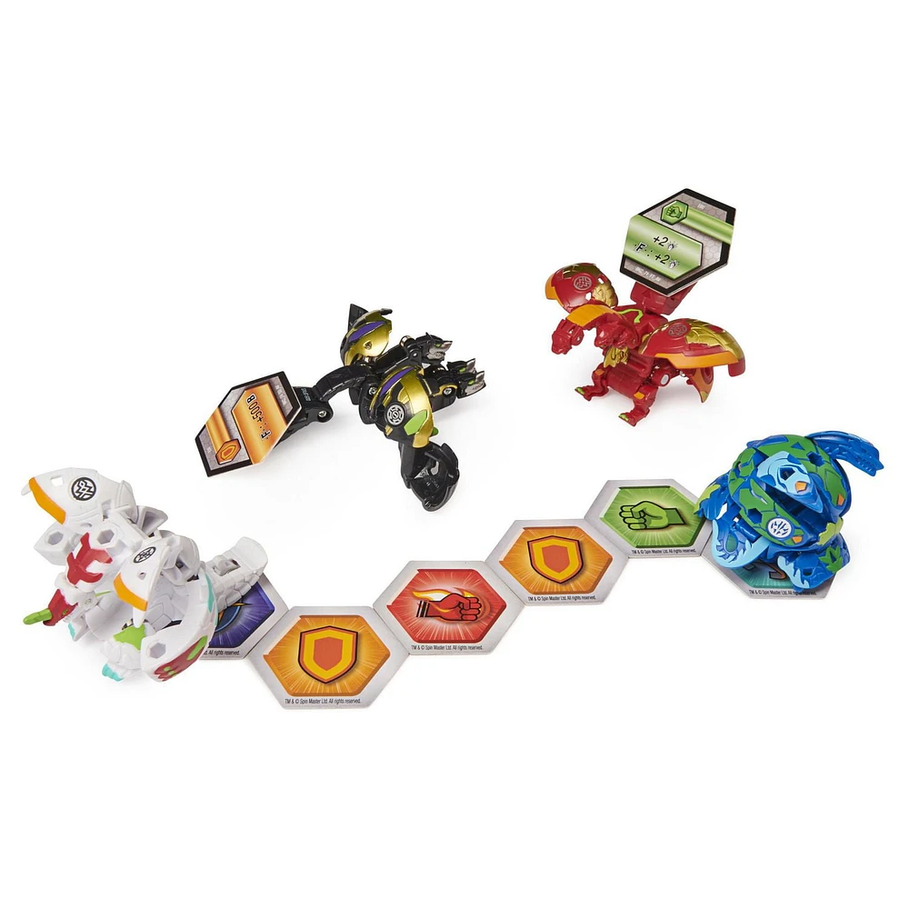 Bakugan Baku-Gear, Coffret de 4 personnages, Fusion Sabra x Pyravian Ultra avec équipement Baku-Gear et Howlkor x Serpenteze Ultra, Figurines articulées à collectionner