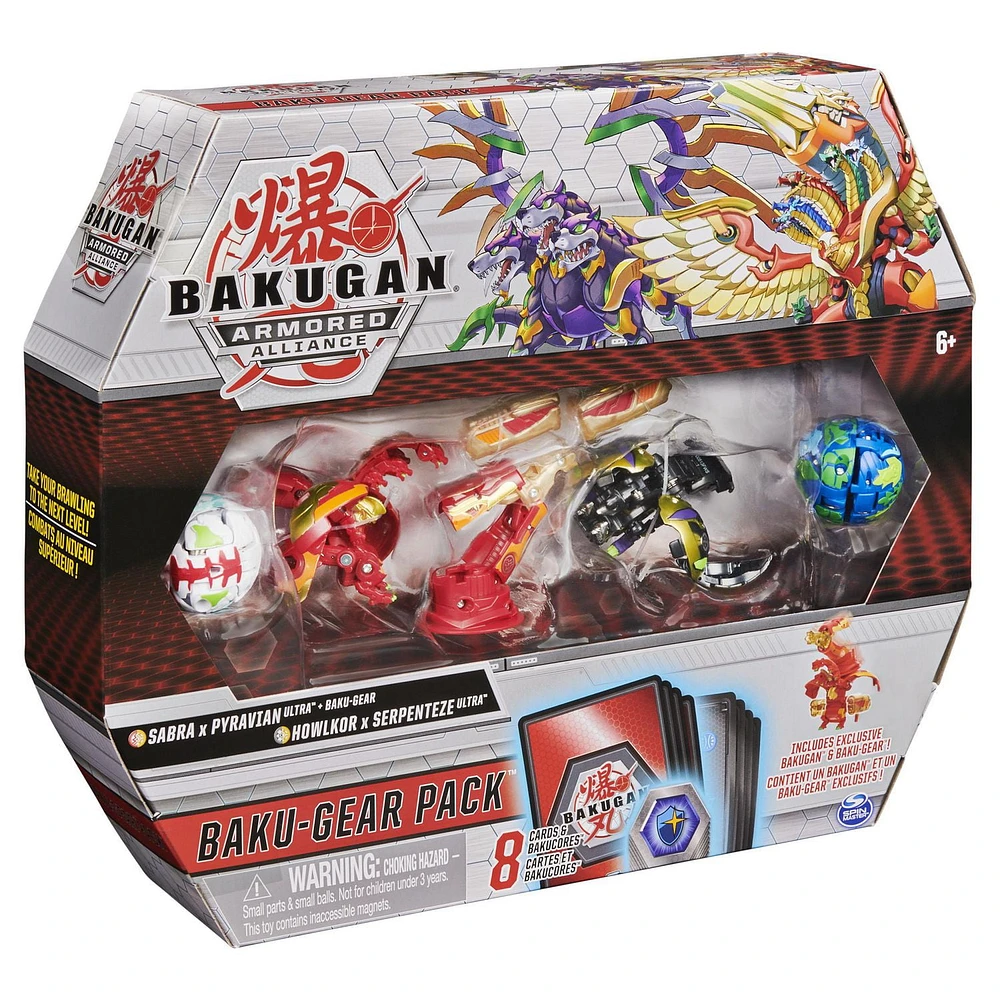 Bakugan Baku-Gear, Coffret de 4 personnages, Fusion Sabra x Pyravian Ultra avec équipement Baku-Gear et Howlkor x Serpenteze Ultra, Figurines articulées à collectionner