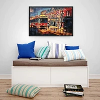 Impressionnant bâtiment noir et blanc avec bus coloré, œuvre d'art murale peinte à 50 % à la main (39" H x 59" L x 1,35" P), présentant un contraste audacieux et des détails vibrants, parfait pour ajouter une touche dynamique et artistique aux salons