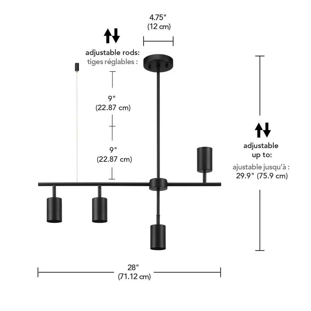 4-Light Matte Black Adjustable Height Geometrical Track Lighting with Pivoting Shades