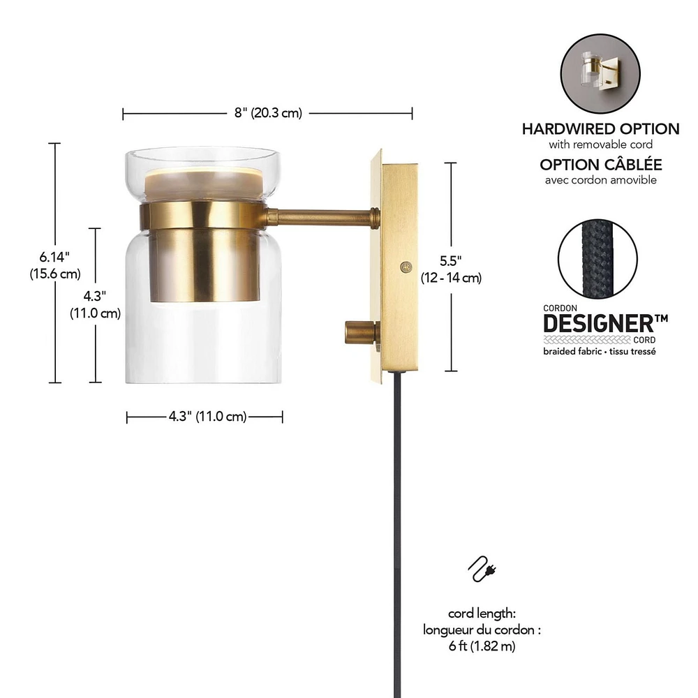 Hazel LED Integrated Matte Brass Plug-In or Hardwire Wall Sconce with Glass Shade, 91004448