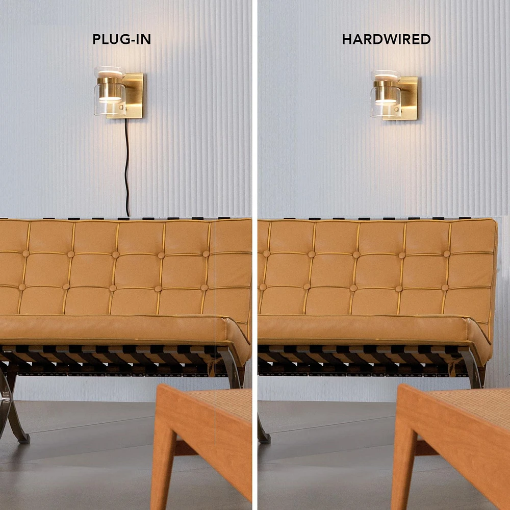 Hazel LED Integrated Matte Brass Plug-In or Hardwire Wall Sconce with Glass Shade, 91004448