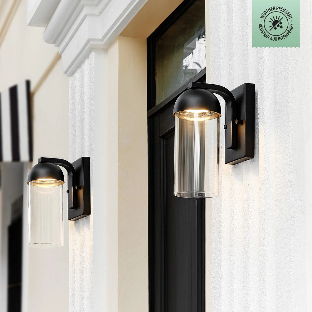 12W LED Integrated Matte Black Outdoor Wall Sconce with Clear Glass Shade