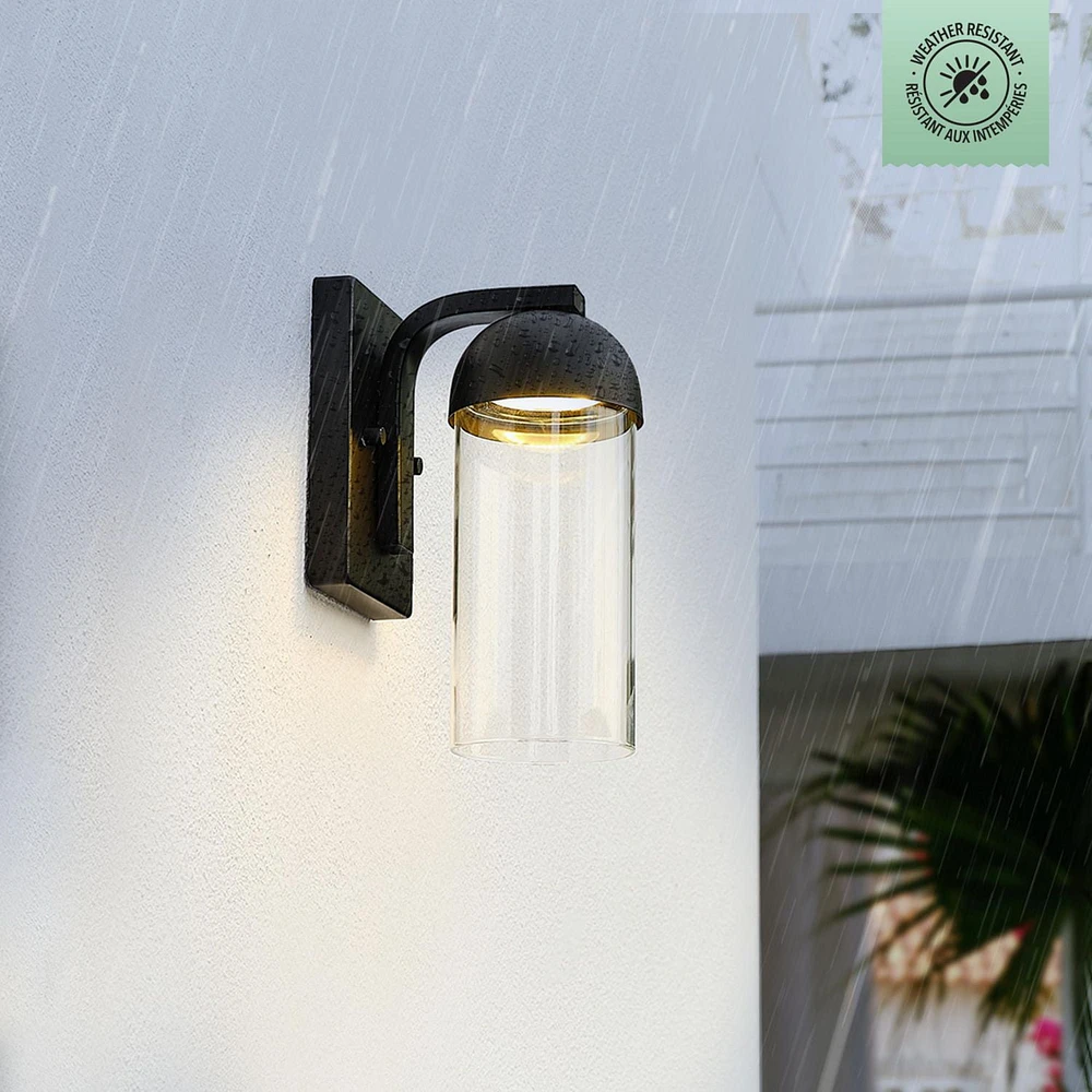 12W LED Integrated Matte Black Outdoor Wall Sconce with Clear Glass Shade