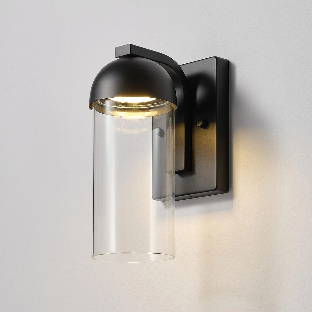 12W LED Integrated Matte Black Outdoor Wall Sconce with Clear Glass Shade