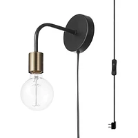 Holden 1-Light Long Arm Matte Black Plug-In or Hardwire Wall Sconce with Matte Brass Socket