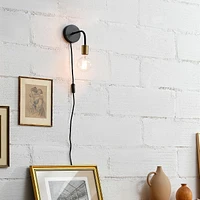 Holden 1-Light Long Arm Matte Black Plug-In or Hardwire Wall Sconce with Matte Brass Socket