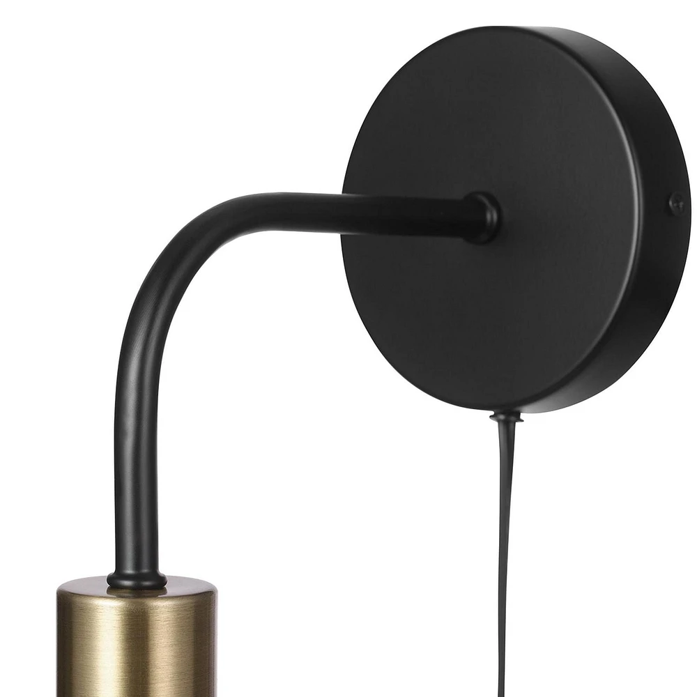 Holden 1-Light Long Arm Matte Black Plug-In or Hardwire Wall Sconce with Matte Brass Socket