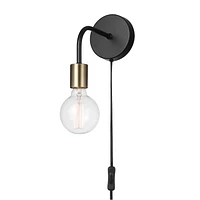 Holden 1-Light Long Arm Matte Black Plug-In or Hardwire Wall Sconce with Matte Brass Socket