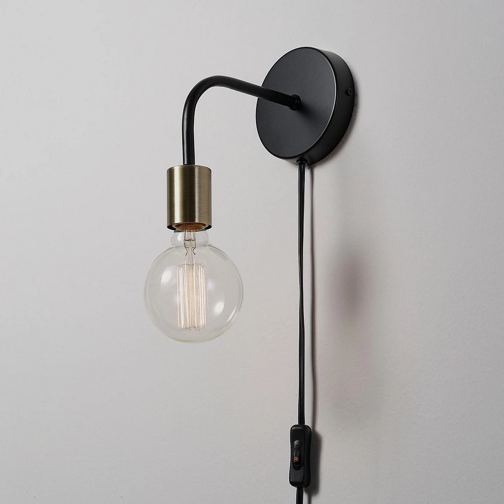 Holden 1-Light Long Arm Matte Black Plug-In or Hardwire Wall Sconce with Matte Brass Socket