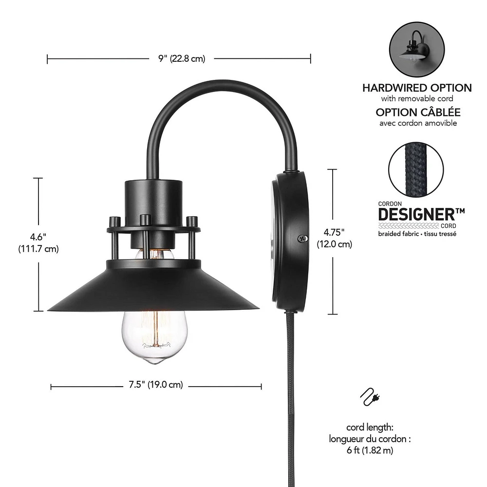 Wren 1-Light Matte Black Plug-In or Hardwire Wall Sconce, 91004445