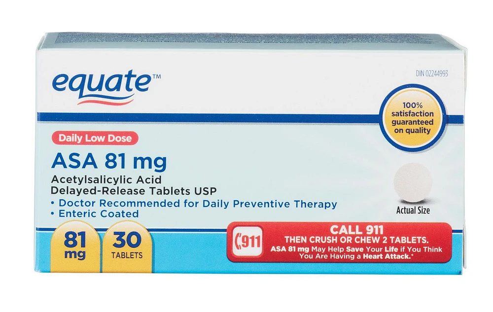 Equate Asa 81 mg Enteric Coated Tablets, 30 Tablets, Daily Preventive Therapy