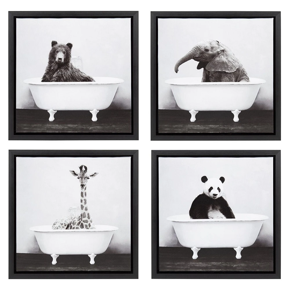 hometrends Baby Giraffe in the Tub Framed Canvas Wall Art