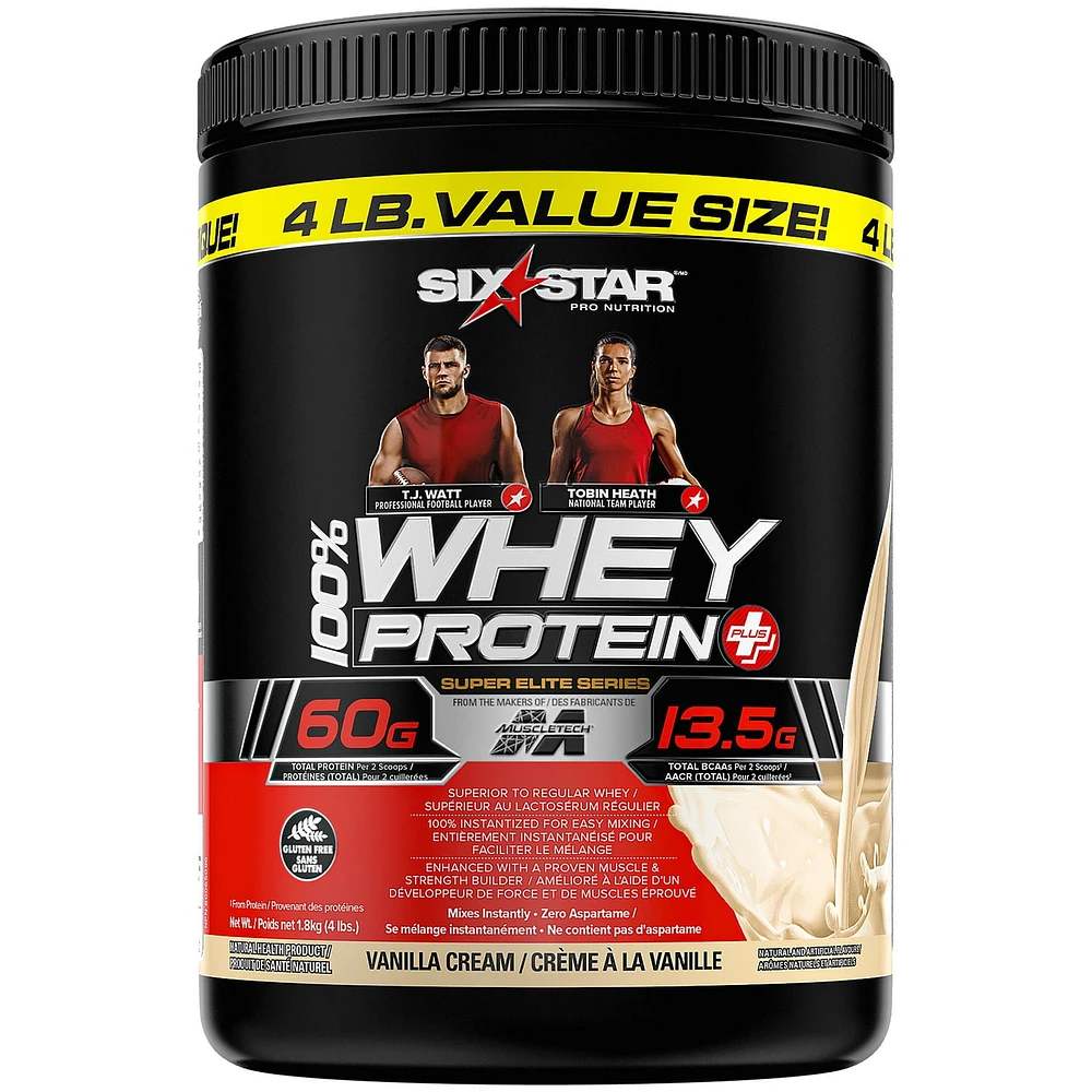 Six Star 100% Whey Protein Plus, Whey Protein Powder + Creatine Monohydrate, Whey Protein Isolate & Peptides, Lean Protein Powder for Muscle Gain, Whey Isolate Protein Shake, Vanilla, 4 lbs, 1.8  kg