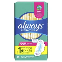 Always Ultra Thin Feminine Pads with Wings for Women, Size 1, Regular Absorbency, Unscented, 36CT