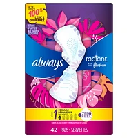 Serviettes Always Radiant, régulières, avec ailes, pour femmes, taille 1, parfum net et léger, 42 serviettes 42CT