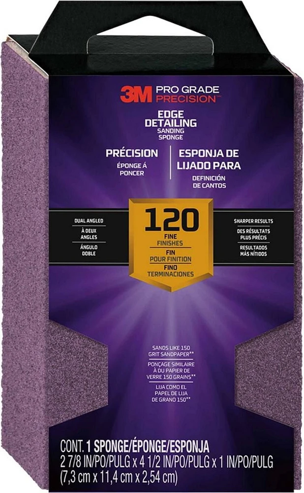 3M 24301TRI-F-DA 2-7/8" x 4.5" (120 Grit) Pro Grade Precision Edge Detailing Dual Angle Sanding Sponge