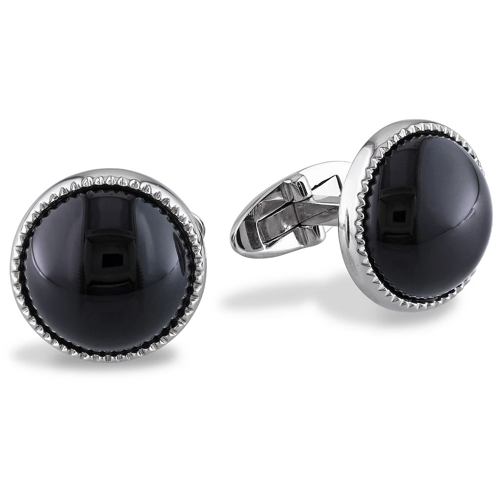 Boutons de manchette ronds Asteria avec onyx noirs 17 CT PBT en argent sterling