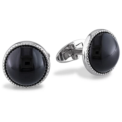 Boutons de manchette ronds Asteria avec onyx noirs 17 CT PBT en argent sterling