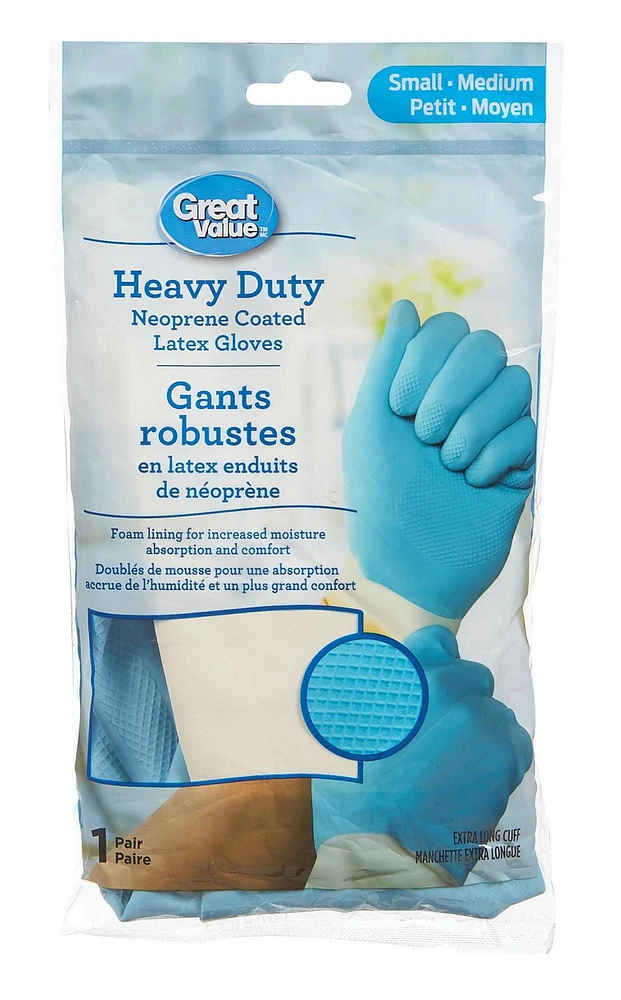 Great Value Heavy Duty Neoprene Coated Latex Gloves, 1 Pair, Small/Medium