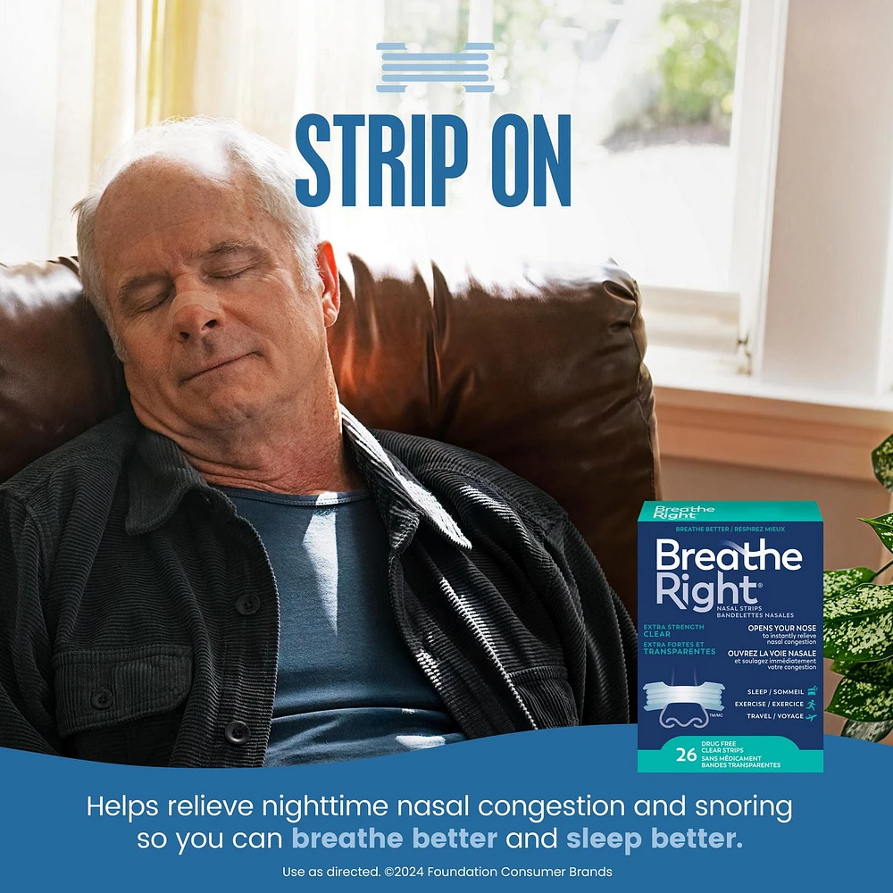 Breathe Right Nasal Strips Clear, Extra Strong | Instantly relieves nasal congestion | Drug Free, 26 Clear Strips