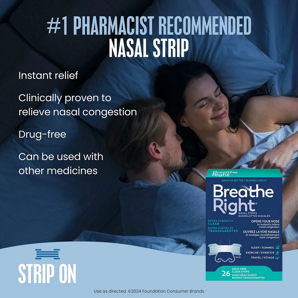 Breathe Right Nasal Strips Clear, Extra Strong | Instantly relieves nasal congestion | Drug Free, 26 Clear Strips