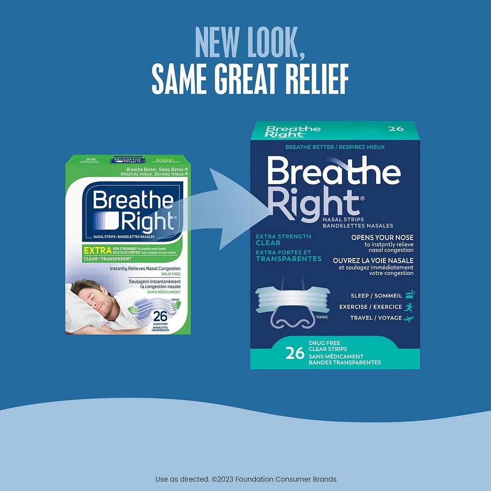 Breathe Right Nasal Strips Clear, Extra Strong | Instantly relieves nasal congestion | Drug Free, 26 Clear Strips