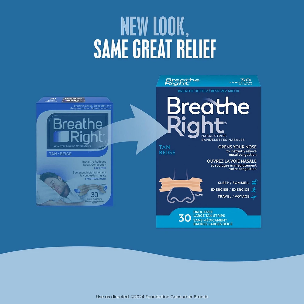 Breathe Right Nasal Strips, Large Tan | Instantly relieves nasal congestion | Drug Free, 30 Large Tan Strips