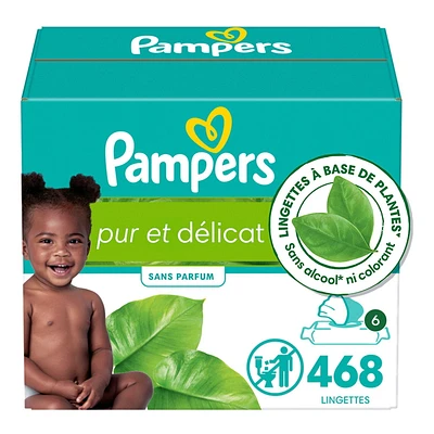 Lingettes pour bébés Pampers pur et délicat, 99 % d’eau, hypoallergéniques, non parfumées, entièrement à base de plantes, lingettes pour bébés sans plastique, 468 lingettes pour bébés au total (6X emballages rabattables)