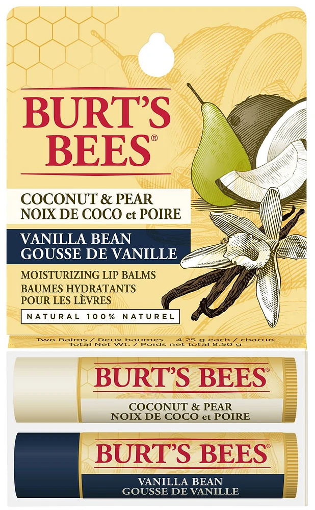 Burt's Bees 100% Natural Moisturizing Lip Balm, Coconut & Pear and Vanilla Bean -, 2 Pack