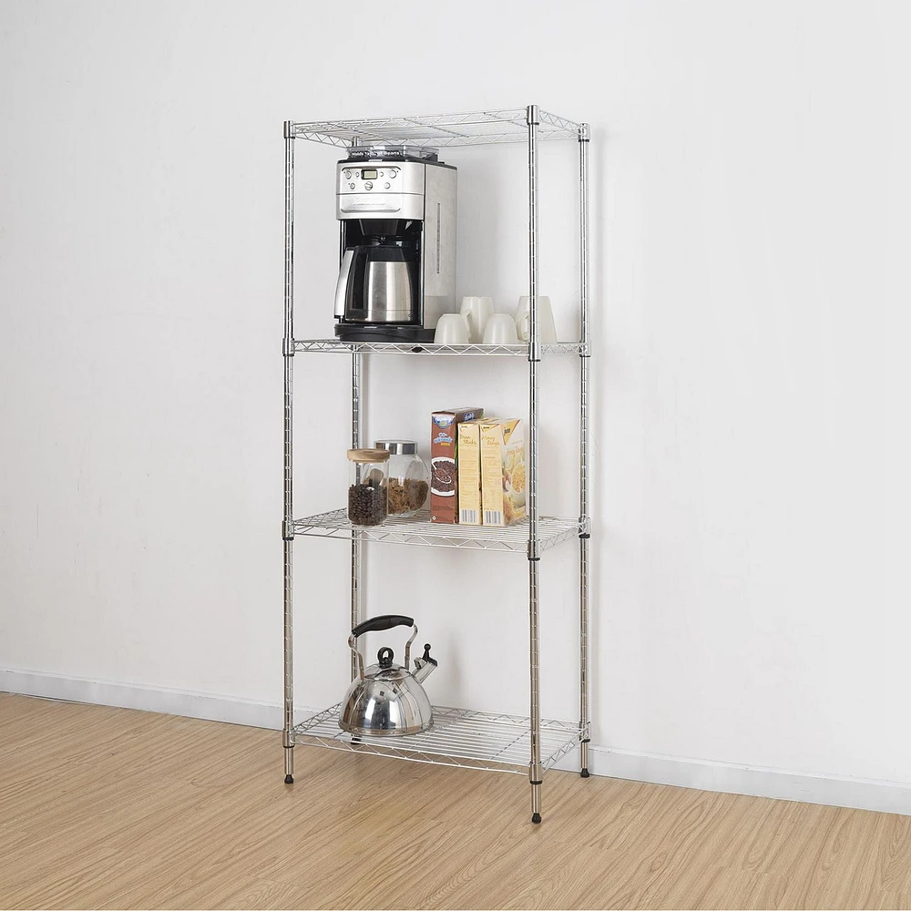 MAINSTAYS Étagère en fil métallique à 4 niveaux, support de rangement en métal, organisateur réglable, parfait pour le garde-manger, salle de bain, cuisine, organisation de placard, Style de taille étroite Taille du produit assemblé :58.42x33x137.16H cm; Finition: Chrome