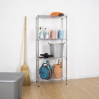 MAINSTAYS Étagère en fil métallique à 4 niveaux, support de rangement en métal, organisateur réglable, parfait pour le garde-manger, salle de bain, cuisine, organisation de placard, Style de taille étroite Taille du produit assemblé :58.42x33x137.16H cm; Finition: Chrome