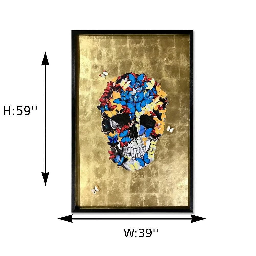 SKULL BUTTERFLY GOLDEN BACKGROUND SHADOW BOX WITH BLACK PS FRAME .<br>59" H x 39" W x 1.5" D