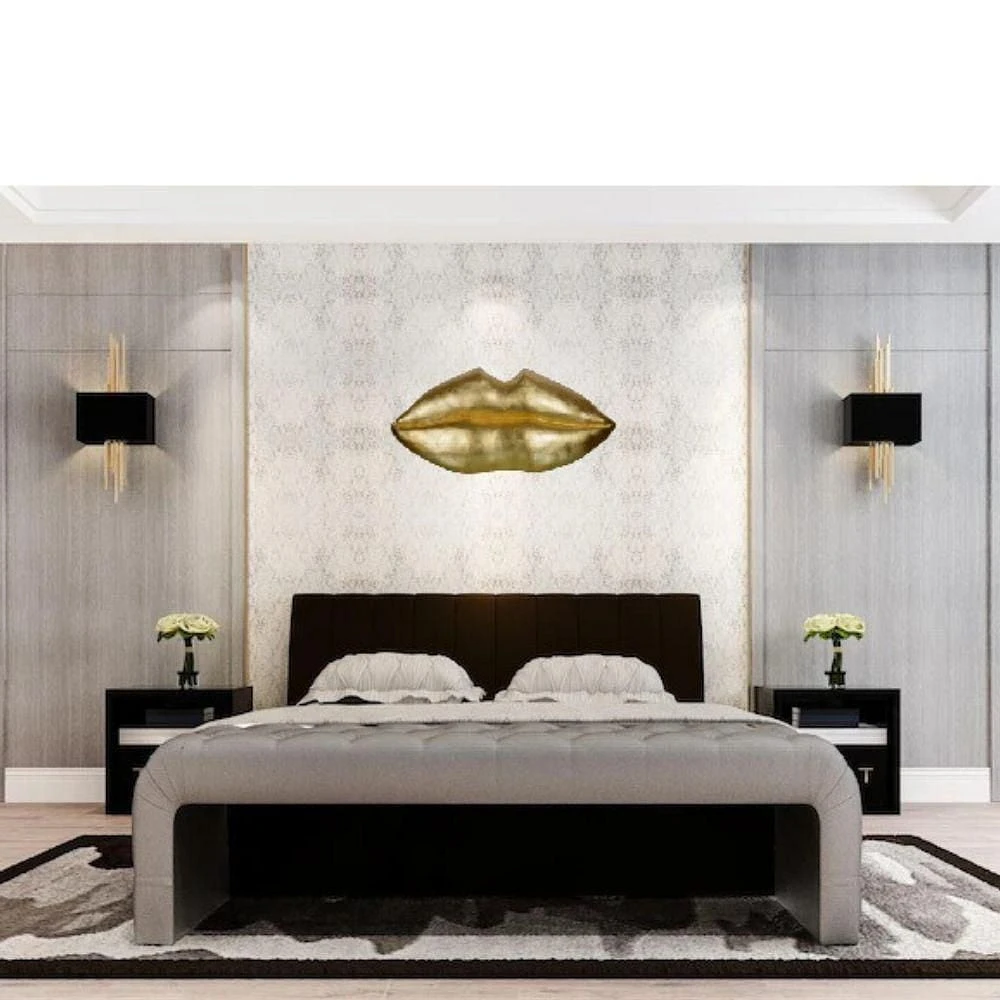 Stunning Polyresin Golden Lip Sculpture Art Wall (23" H x 49" W x 3.9" D), Featuring a Bold and Elegant Design with a Luxurious Gold Finish, Perfect for Adding a Modern, Glamorous Touch to Living Rooms, Offices, or Contemporary Spaces