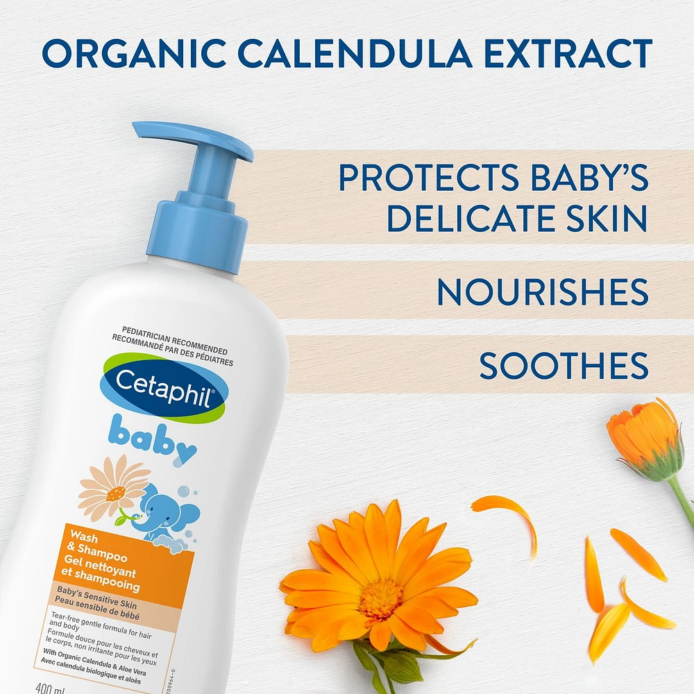 Cetaphil Baby Wash And Shampoo with Organic Calendula | Tear Free | Paraben, Colourant and Mineral Oil Free | 400ml Pump