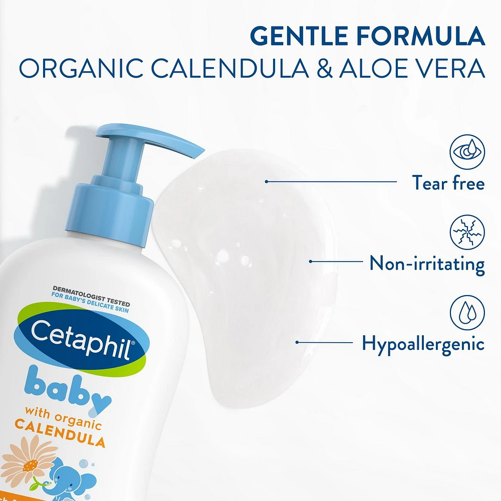 Cetaphil Baby Wash And Shampoo with Organic Calendula | Tear Free | Paraben, Colourant and Mineral Oil Free | 400ml Pump