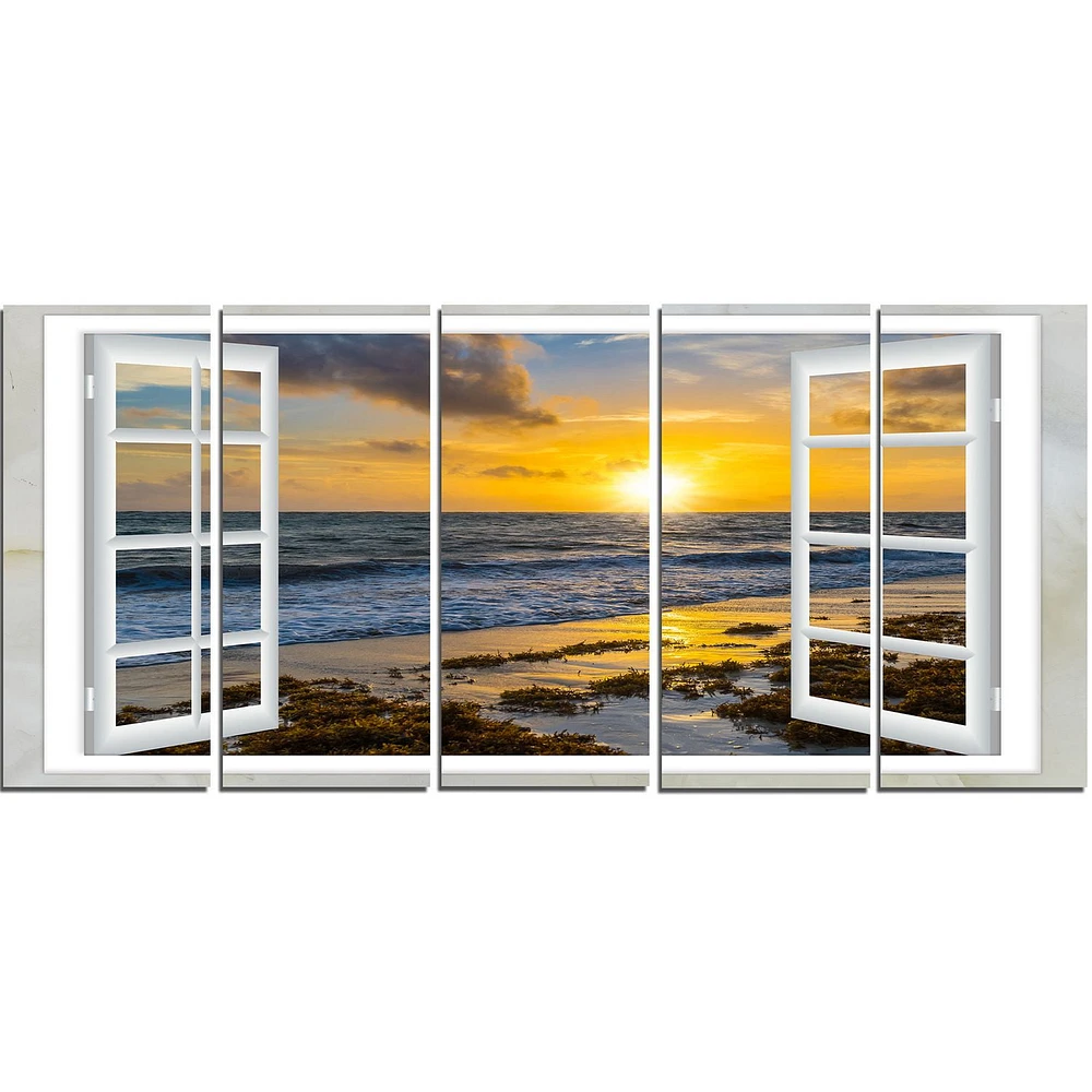 Design Art Open Window to Bright Yellow Sunset Modern Seascape Canvas Artwork Print