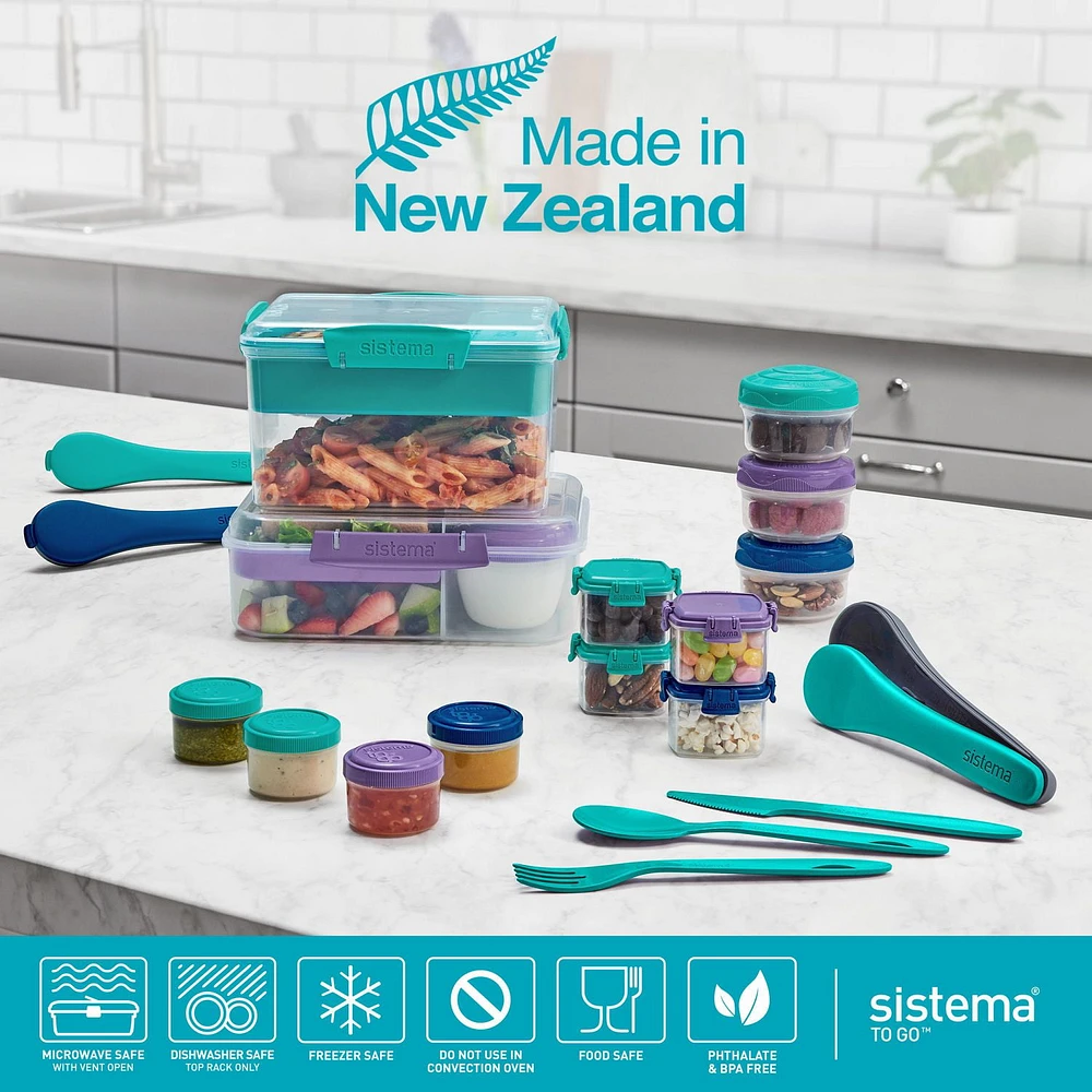 Sistema Dressing Pots TO GO, Food Container Sauce Pots with Lids, 35ml., BPA-Free, Blue, Green, Pink & Purple Lids, 4 Count, 35ml, Set of 4