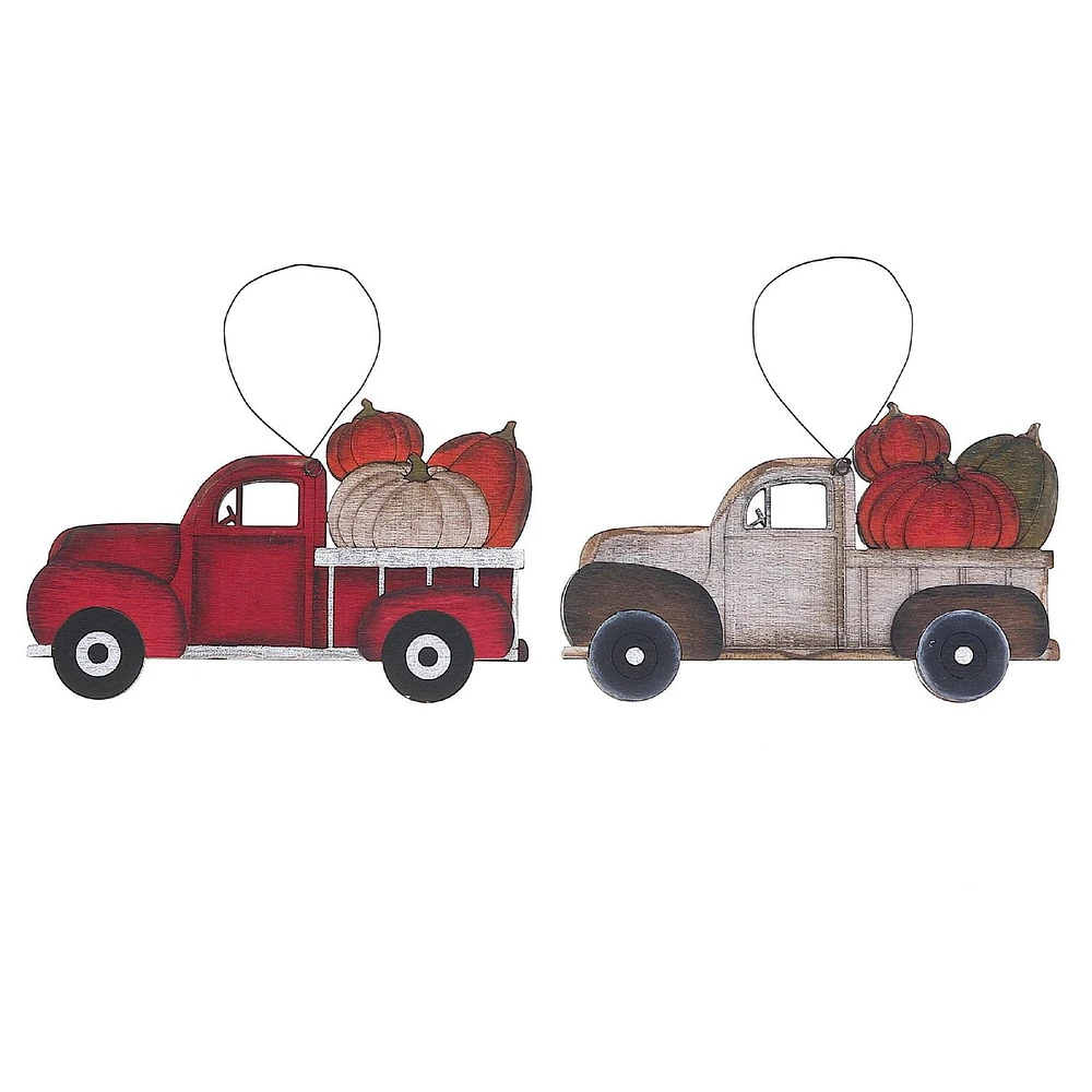 Wooden Truck With Pumpkins Ornament - Set of 2