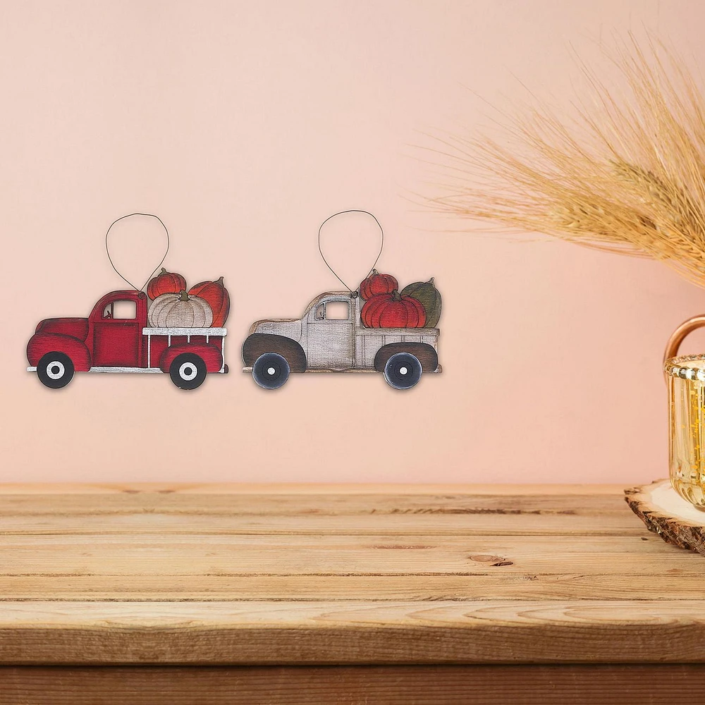 Wooden Truck With Pumpkins Ornament - Set of 2