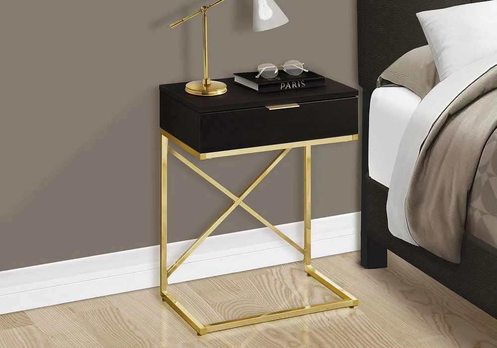 Monarch Specialties Accent Table, Side, End, Nightstand, Lamp, Storage Drawer, Living Room, Bedroom, Brown Laminate, Gold Metal, Contemporary, Modern