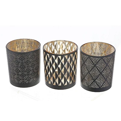 Glass Tealight Holder Black Pattern  - Set of 3