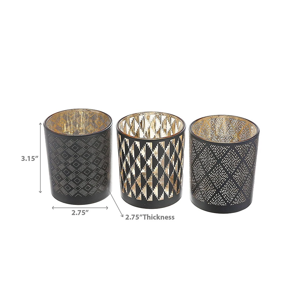 Glass Tealight Holder Black Pattern  - Set of 3